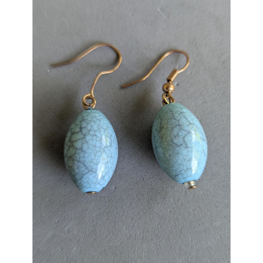 Vintage Light Blue Crackle Glass Oval Dangle Earrings – Boho Statement Jewelry